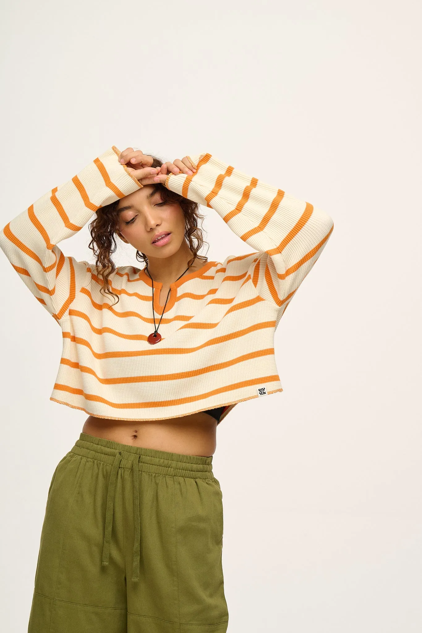 Roberta Long Sleeve Tee: WAFFLE FABRIC - Orange & Ecru Stripe sold by Lucy & Yak