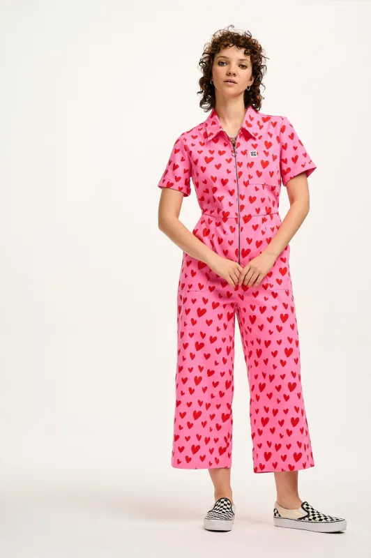 Ragan - Cotton Jumpsuit in Pink Heart Cupid Print sold by Lucy & Yak