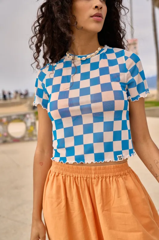 Greta - Cropped Mesh Top in Blue Checkers Print sold by Lucy & Yak