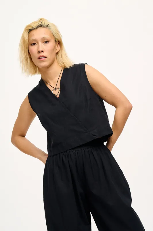 Archie - Cotton & Linen V-Neck Top in Black sold by Lucy & Yak