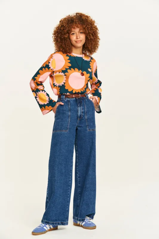 Delores - Wide Leg Denim Jeans in Mid Wash Blue sold by Lucy & Yak