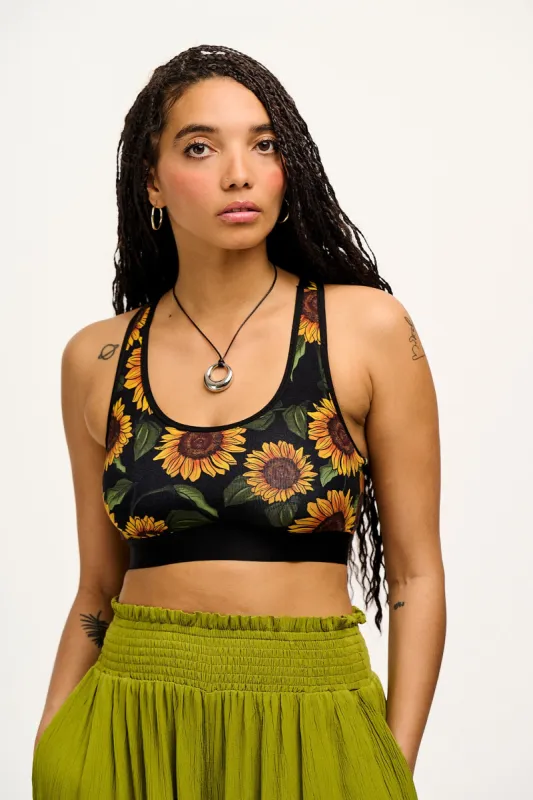 Iona - Racer Back Cotton & Bamboo Crop Top in Sunflower Print made by Lucy & Yak