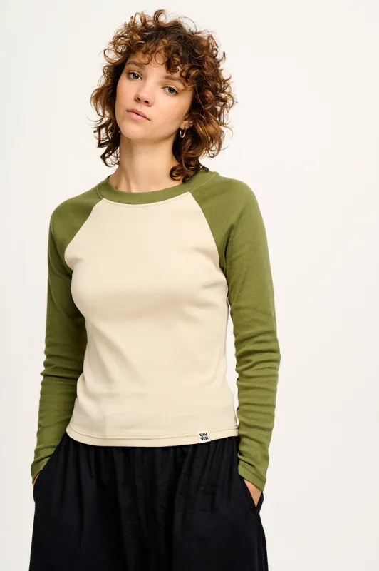Avi - Long Sleeve Raglan Tee in Khaki & Cream sold by Lucy & Yak