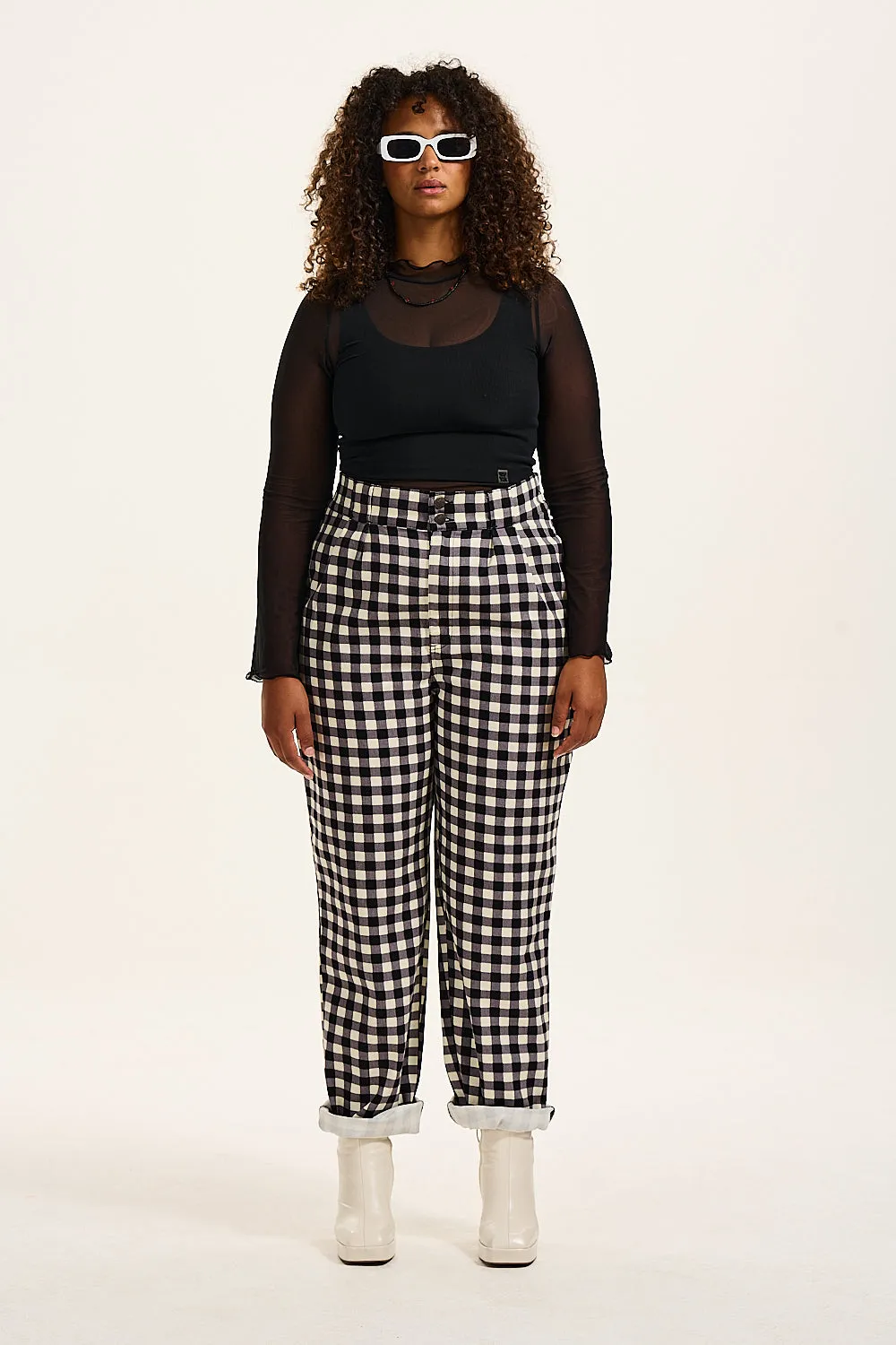 Addison - Tapered Twill Jeans in Gingham-Lou Print sold by Lucy & Yak