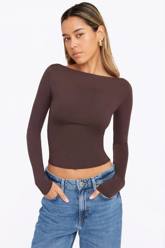 365 SECOND SKIN BOAT NECK LONG SLEEVE TOP - ESPRESSO sold by TALA