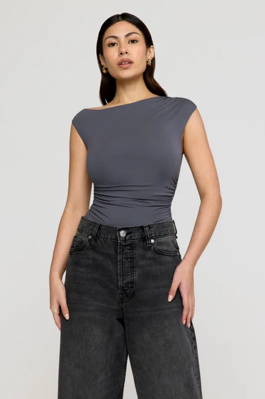 365 Asymmetric Ruched Side Top - Graphite sold by TALA