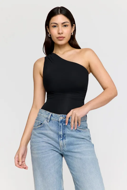 365 Asymmetric Ruched Side Bodysuit - Shadow Black sold by TALA