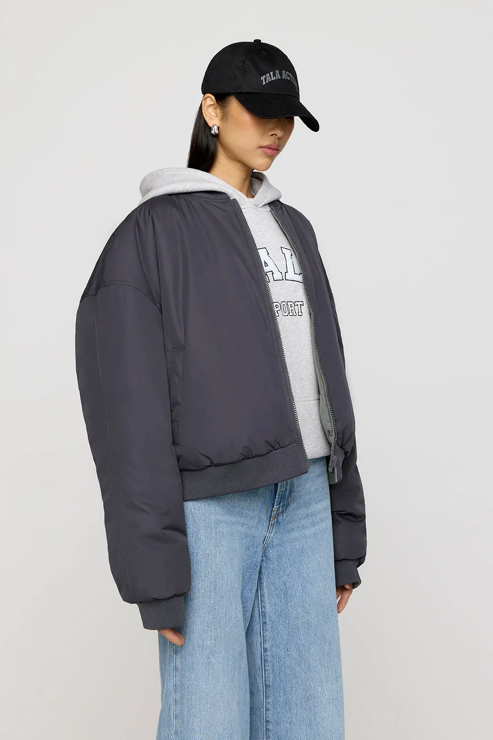 Reversible Girlfriend Bomber Jacket - Graphite And Cool Olive sold by TALA