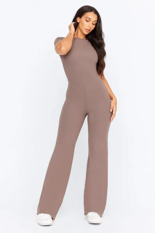 365 SCULPTING LOUNGE SHORT SLEEVE WIDE LEG JUMPSUIT - MOCHA sold by TALA