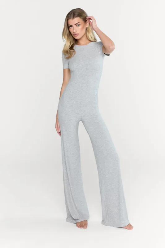 365 Sculpting Lounge Short Sleeve Wide Leg Jumpsuit - Grey Marl sold by TALA