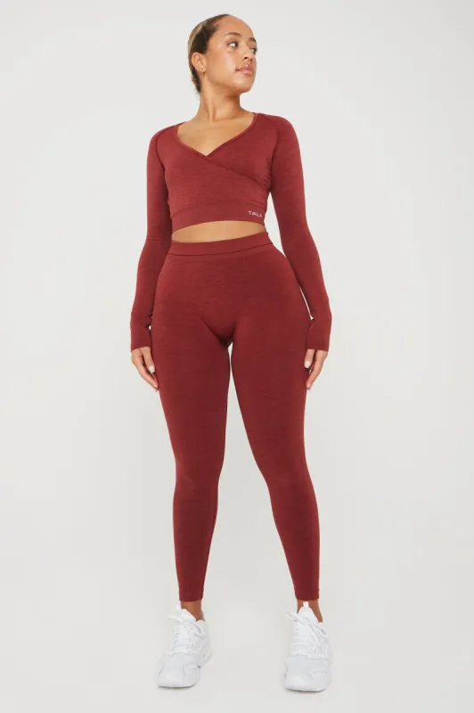 SCULPT SEAMLESS WRAP LONG SLEEVE CROP TOP - OXBLOOD RED MARL sold by TALA