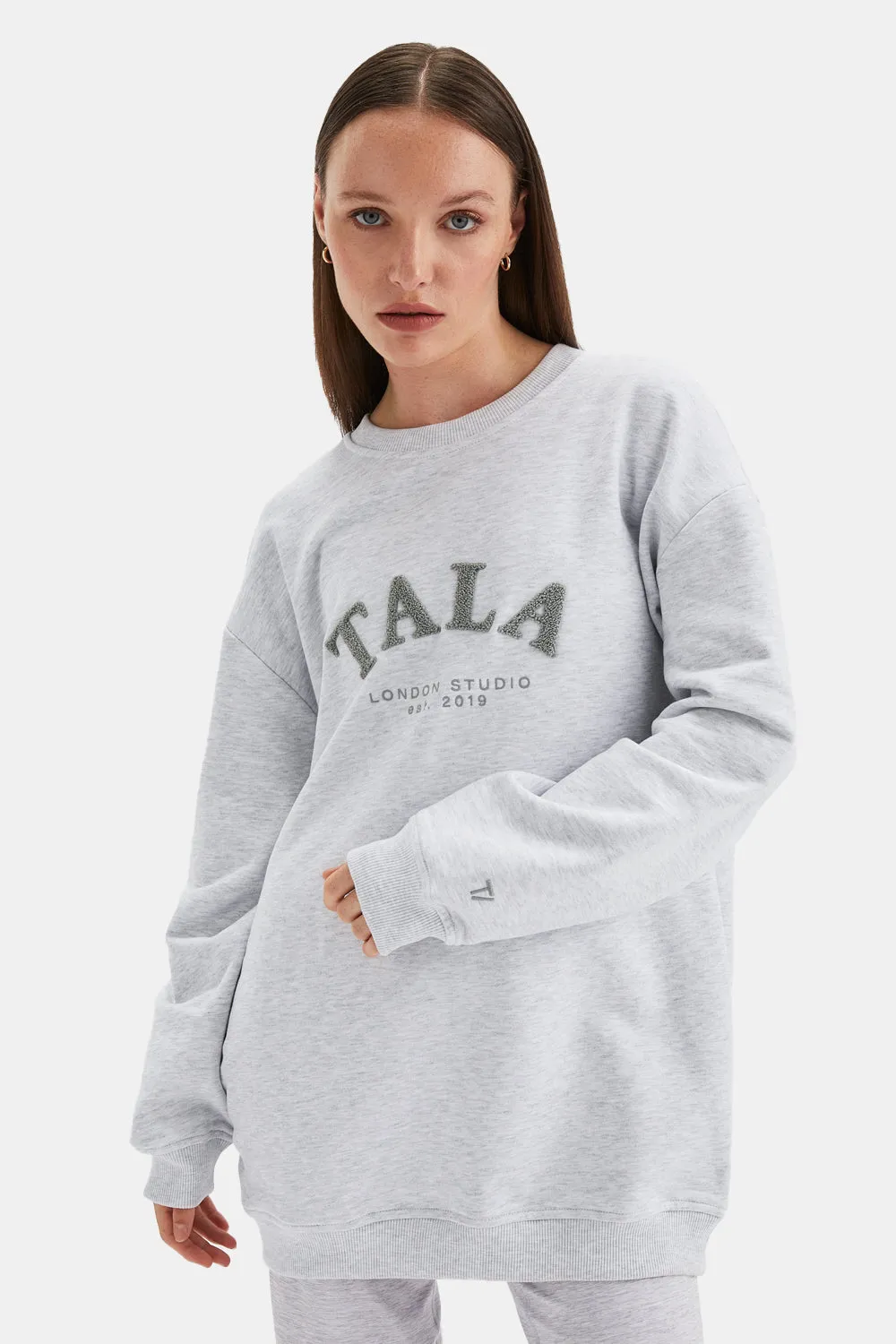 TALA Studio Oversized Longline Sweatshirt- Grey Marl sold by TALA