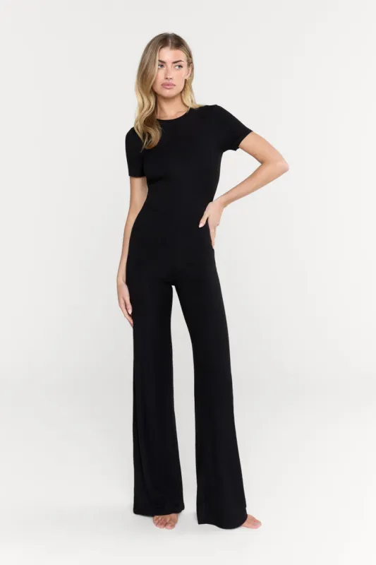 365 Sculpting Lounge Short Sleeve Wide Leg Jumpsuit - Shadow Black sold by TALA