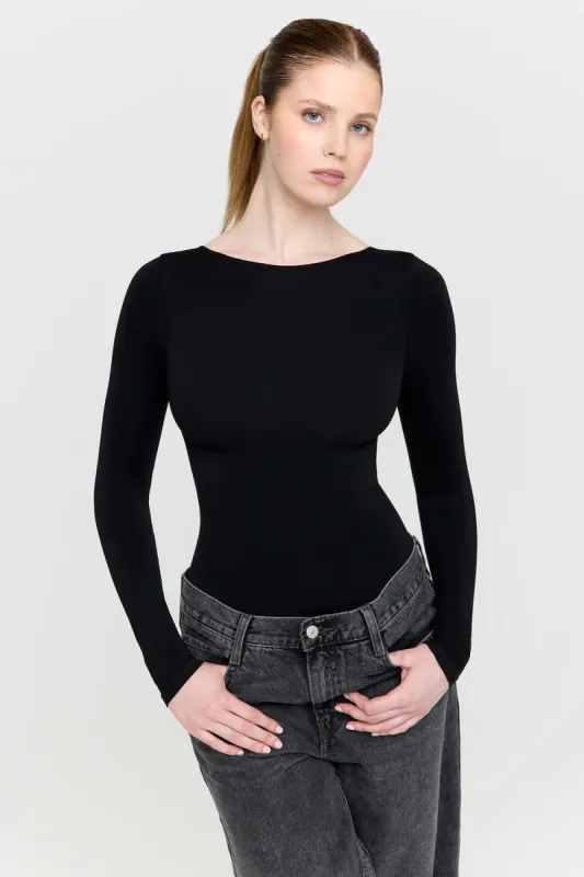 365 CONTOUR LONG SLEEVE SHAPING BODYSUIT - SHADOW BLACK sold by TALA