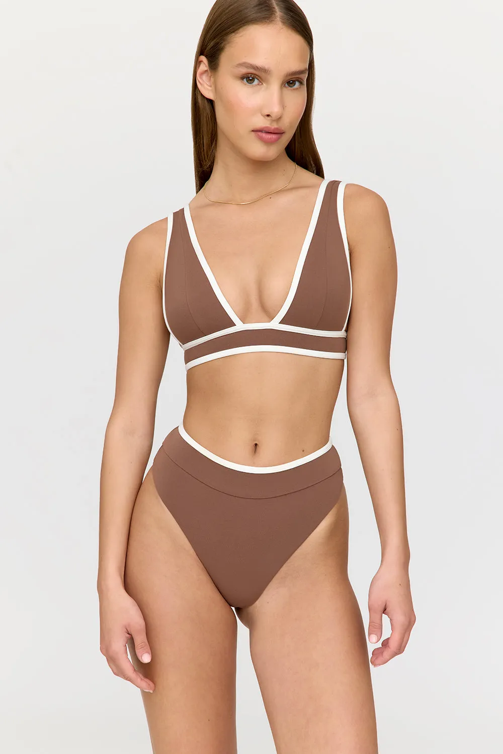 Saint Tropez Contrast Trim Plunge Neck Bikini Top - Terracotta And Coconut Milk sold by TALA