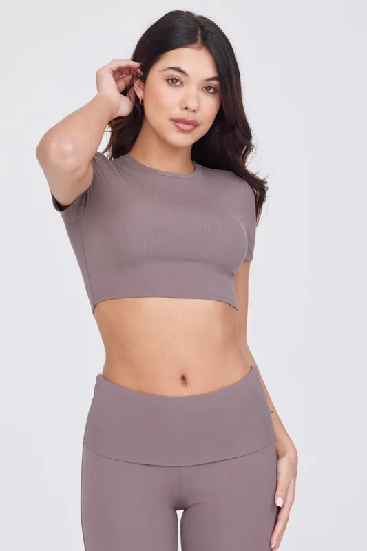 365 SCULPTING LOUNGE SHORT SLEEVE CROP T-SHIRT - MOCHA sold by TALA