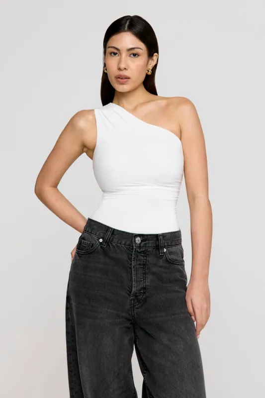 365 Asymmetric Ruched Side Bodysuit - Coconut Milk sold by TALA