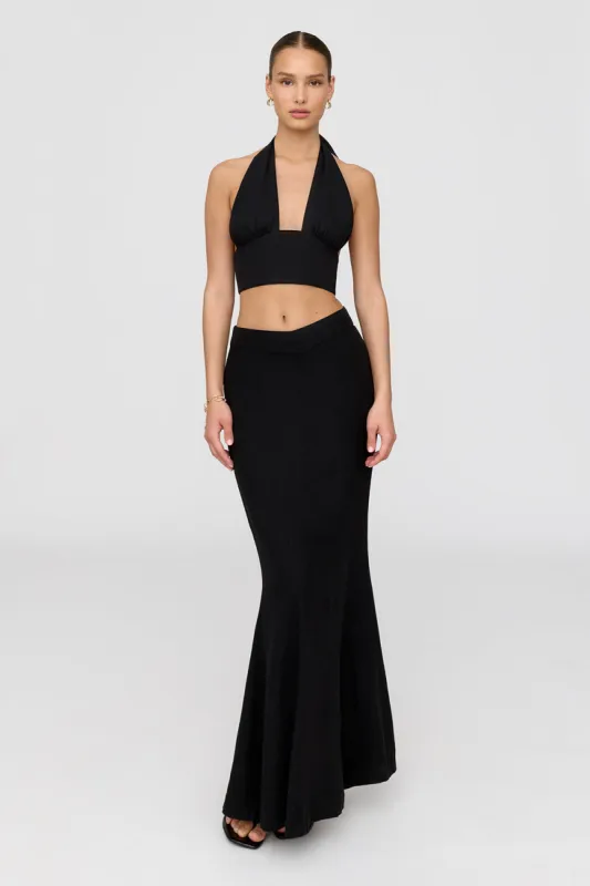 Milos Linen Blend V Waist Maxi Skirt - Shadow Black sold by TALA