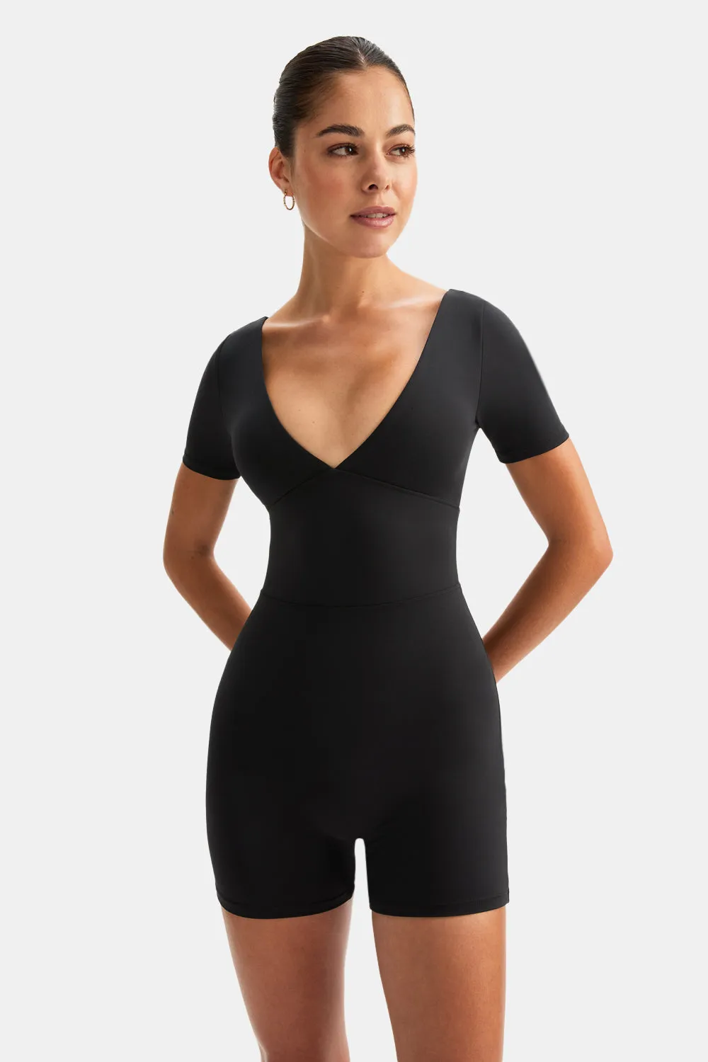 DayFlex Built-In Support Plunge Neck Tie Back Unitard - Shadow Black sold by TALA