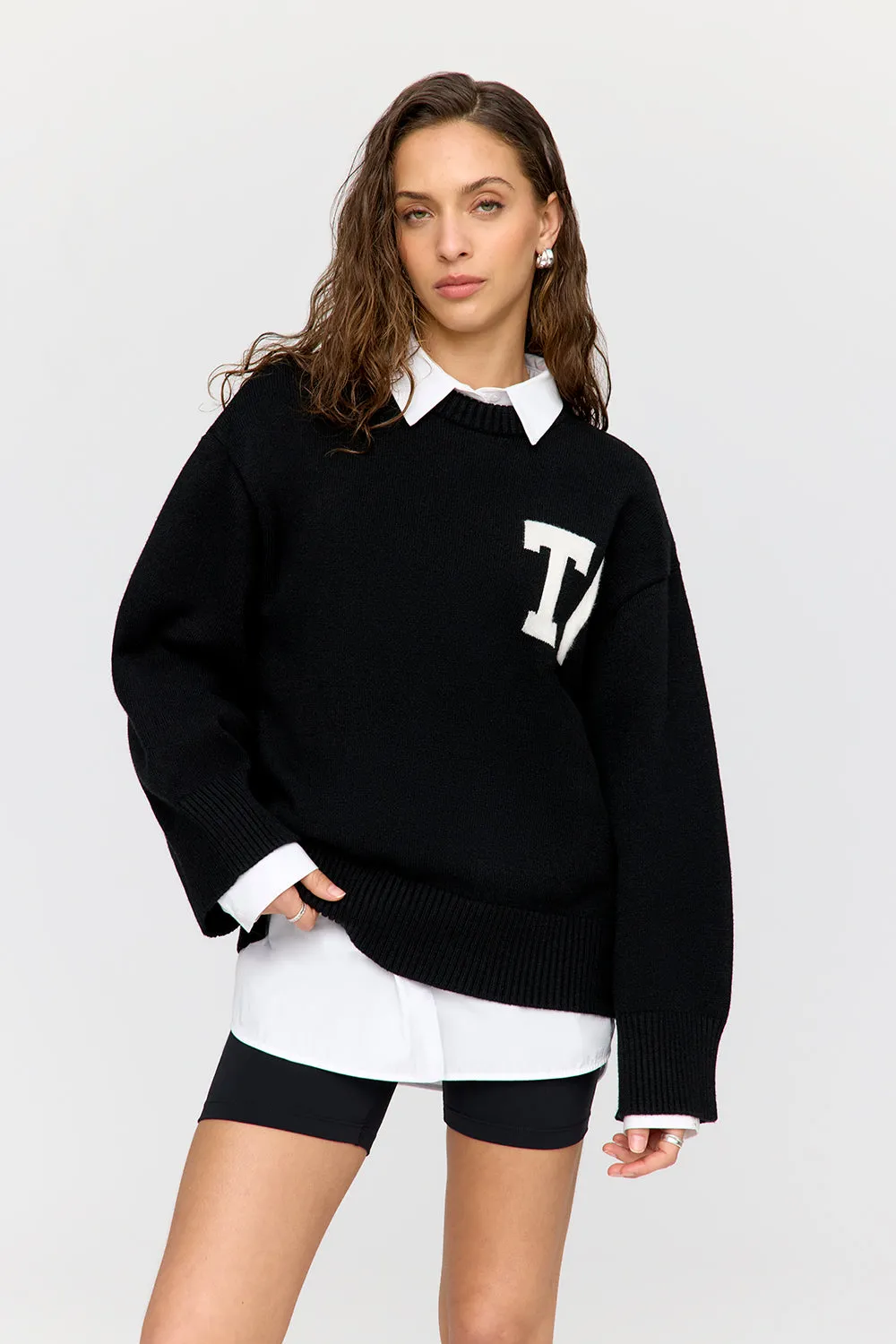 T Logo Knit Sweater - Black And Milk sold by TALA