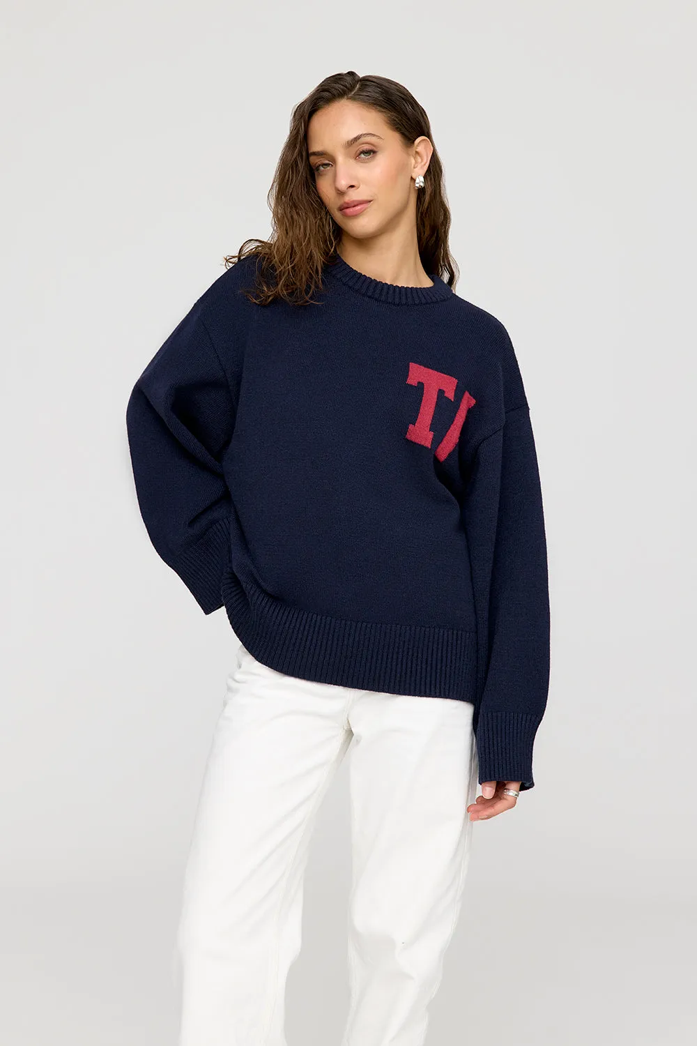 T LOGO KNIT SWEATER - NAVY AND RED sold by TALA