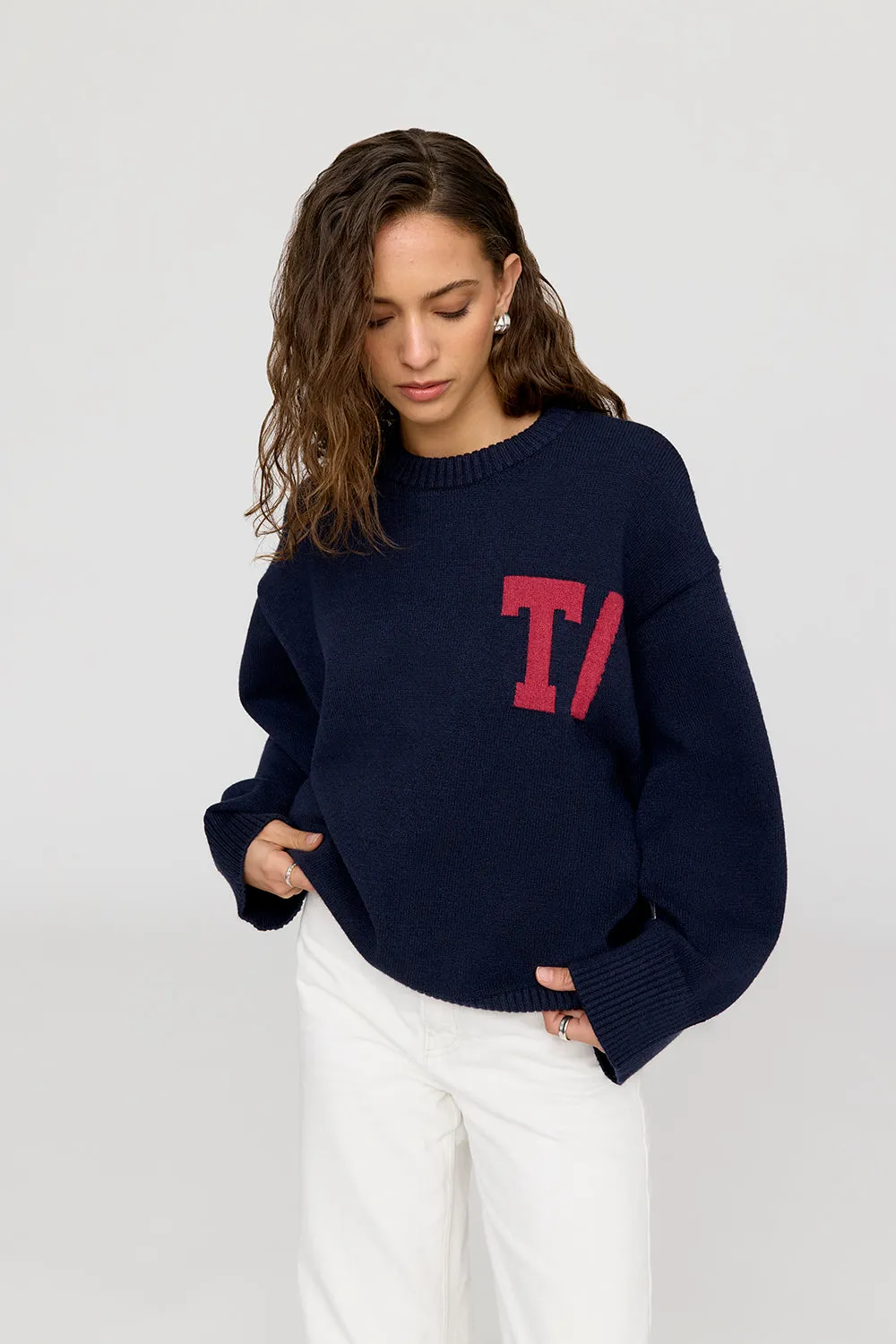 T LOGO KNIT SWEATER - NAVY AND RED sold by TALA product image thumbnail 4