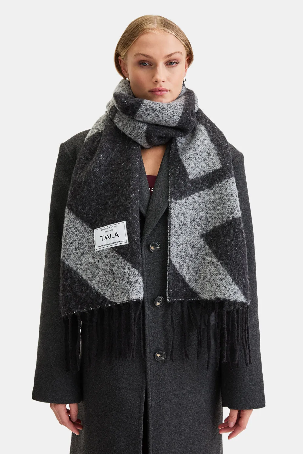 T LOGO BRUSHED SCARF - CHARCOAL AND BLACK sold by TALA