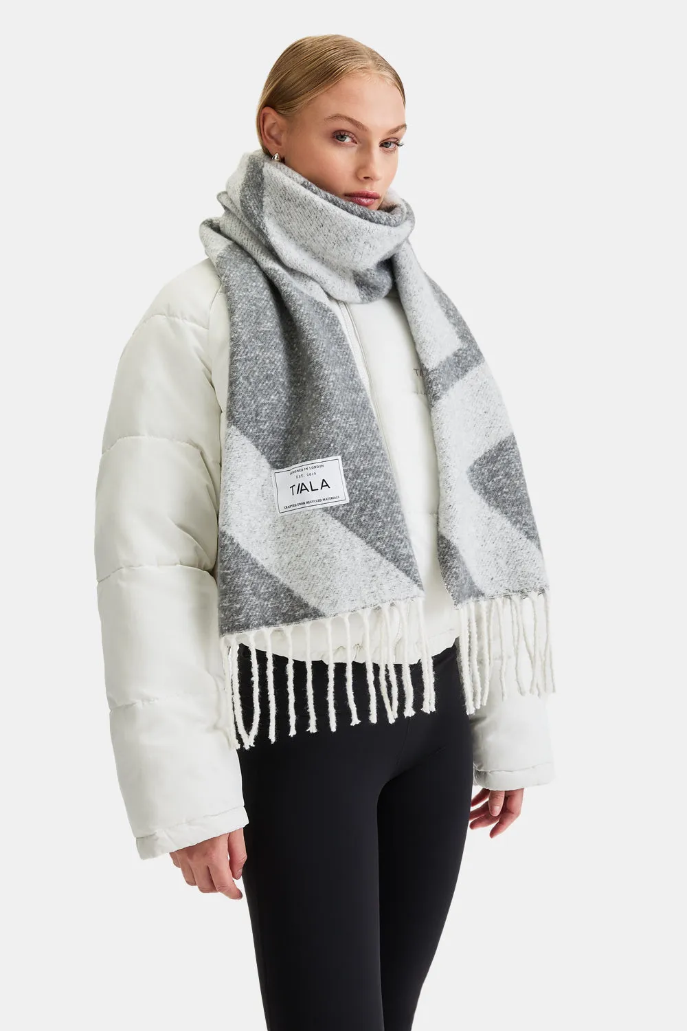 T LOGO BRUSHED SCARF - MID GREY AND LIGHT GREY sold by TALA