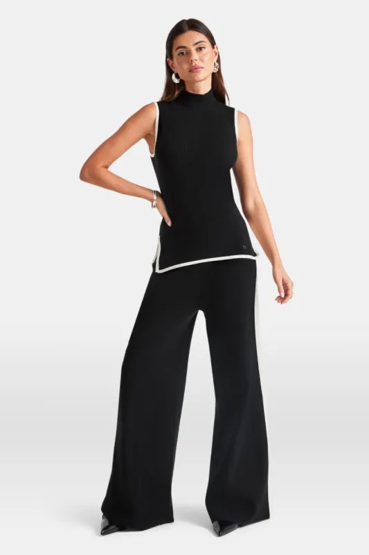 Wide Leg Contrast Ribbed Knit Trousers - Black And Buttermilk sold by TALA