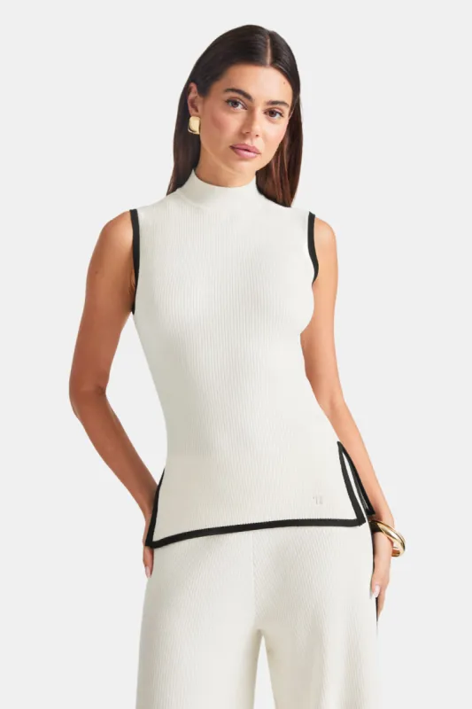 Sleeveless Mock Neck Ribbed Knit Tank - Buttermilk And Black sold by TALA