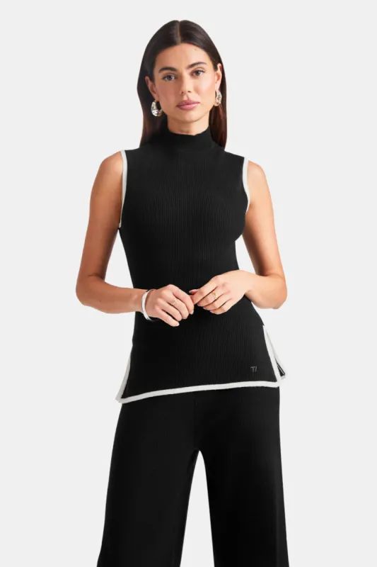 Sleeveless Mock Neck Ribbed Knit Tank - Black And Buttermilk sold by TALA