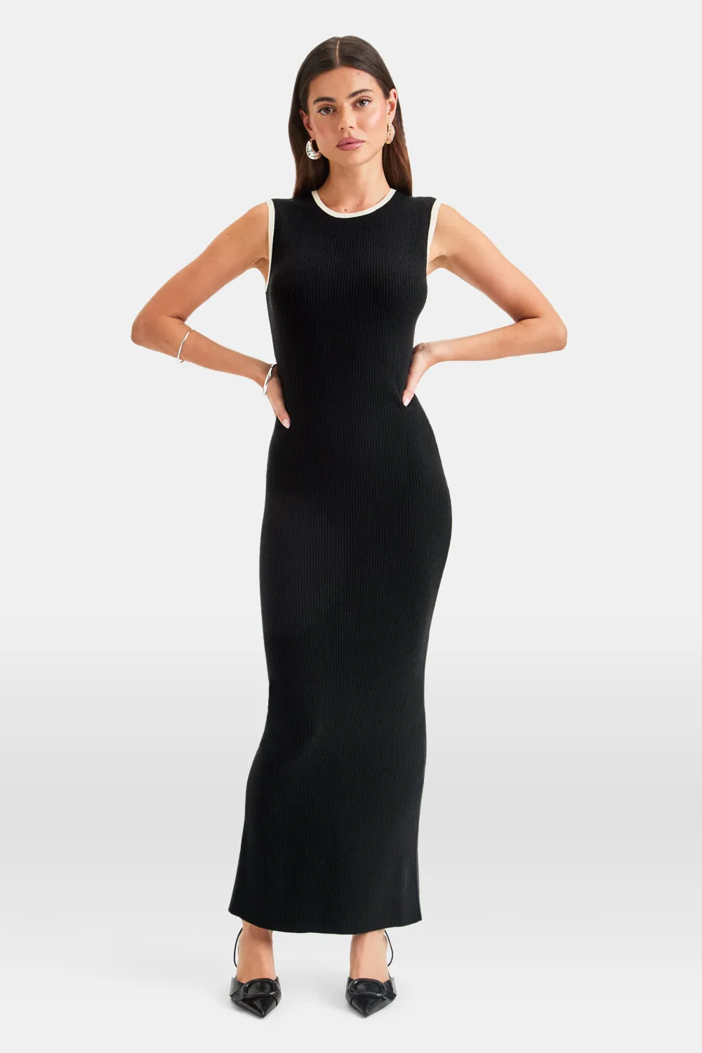 Sleeveless Contrast Ribbed Knit Maxi Dress - Black And Buttermilk sold by TALA product image thumbnail 5
