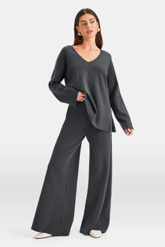 Wide Leg Contrast Ribbed Knit Trousers - Charcoal sold by TALA