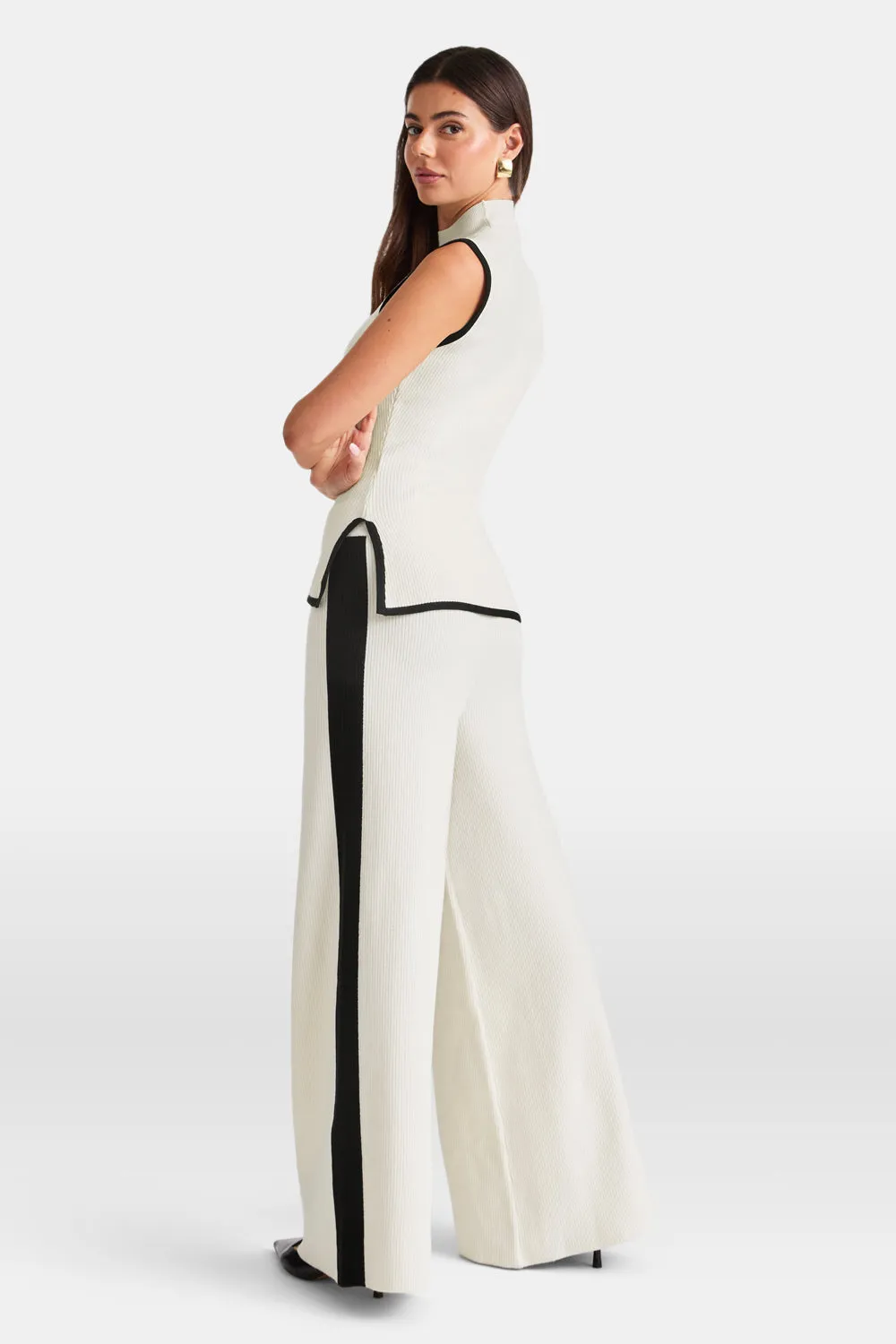 Wide Leg Contrast Ribbed Knit Trousers - Buttermilk And Black sold by TALA product image thumbnail 3