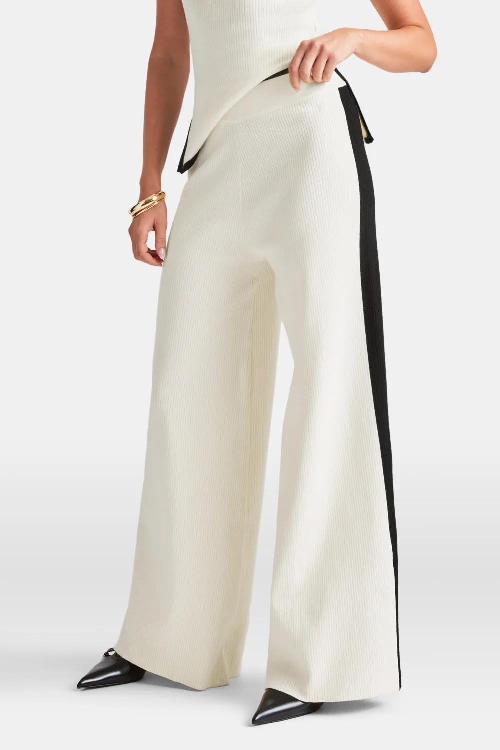 Wide Leg Contrast Ribbed Knit Trousers - Buttermilk And Black sold by TALA product image thumbnail 4