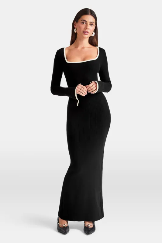 LONG SLEEVE CONTRAST RIBBED KNIT MAXI DRESS - BLACK AND BUTTERMILK sold by TALA