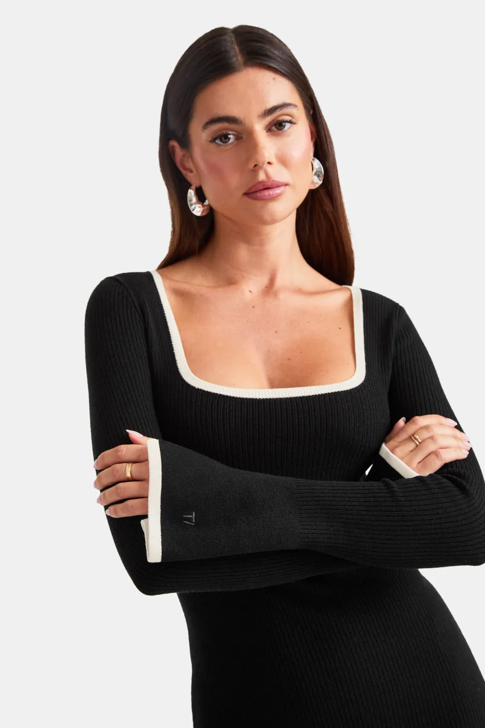 LONG SLEEVE CONTRAST RIBBED KNIT MAXI DRESS - BLACK AND BUTTERMILK sold by TALA product image thumbnail 4