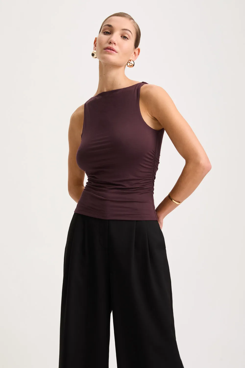 365 Ruched Side Boat Neck Top - Mulled Wine sold by TALA