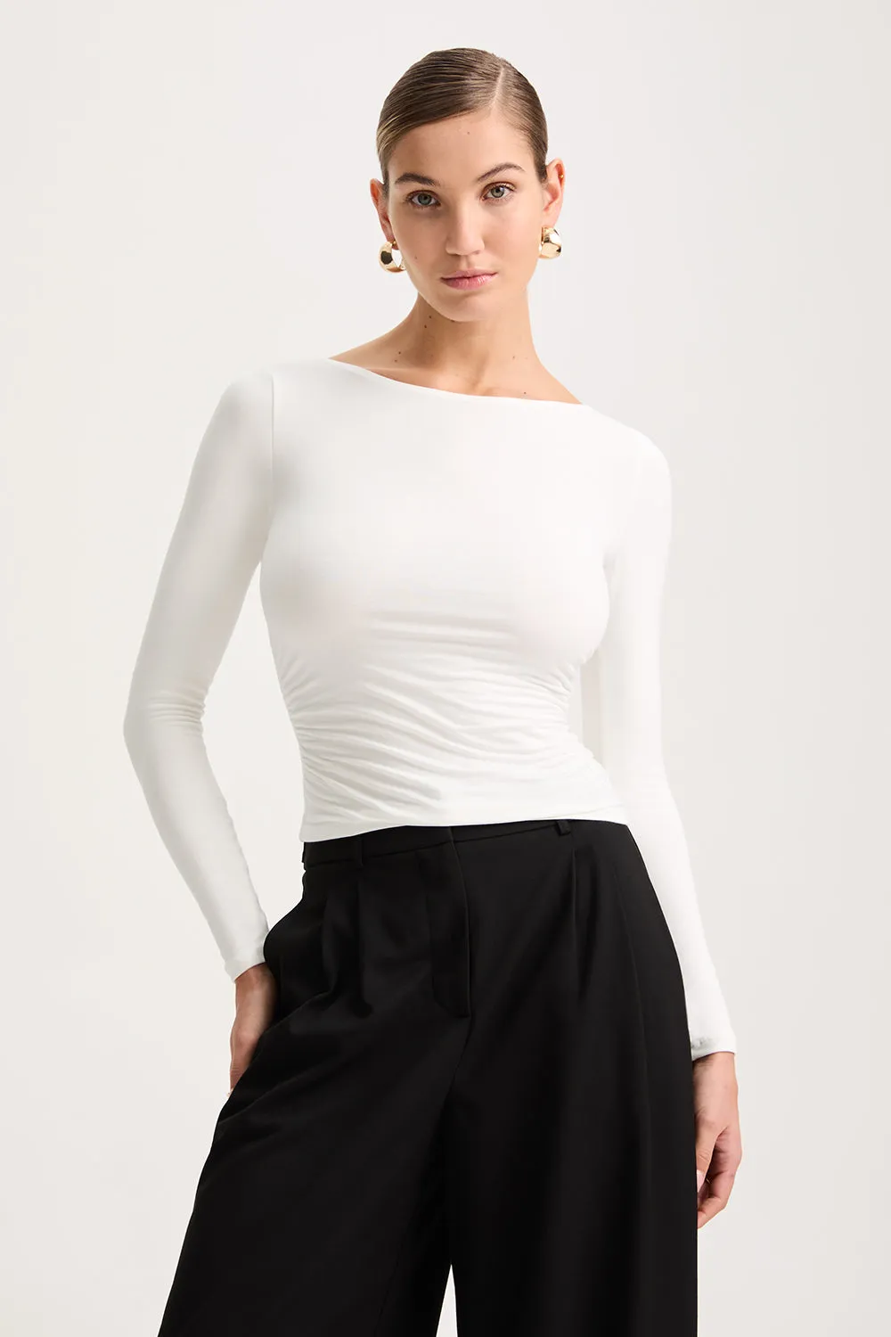 365 Ruched Side Open Back Long Sleeve Top - Coconut Milk sold by TALA