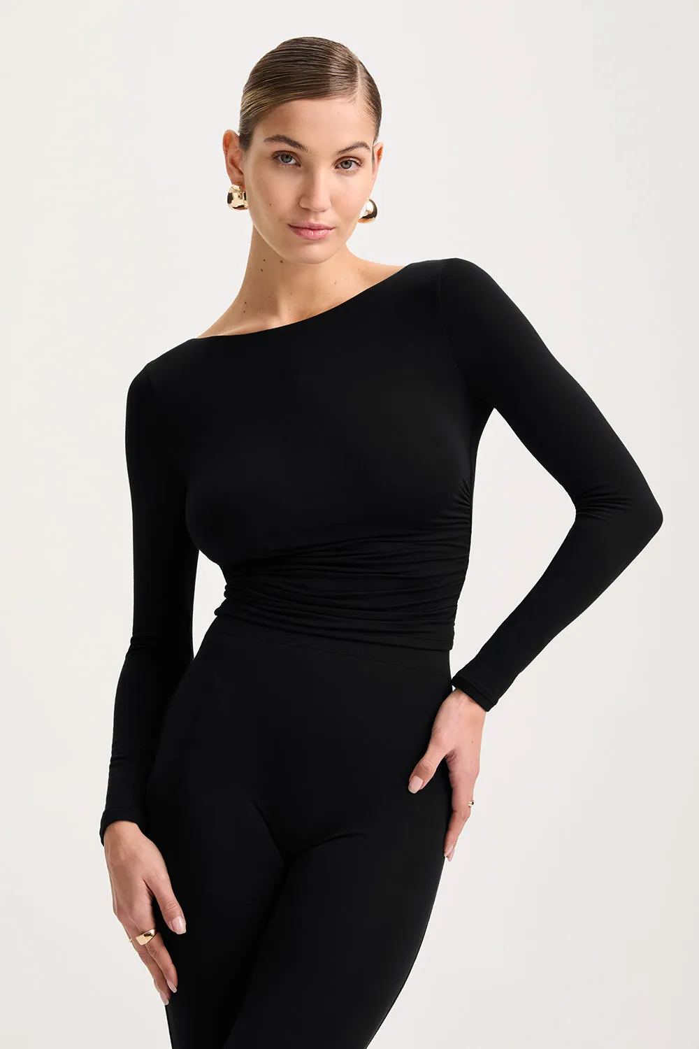 365 Ruched Side Open Back Long Sleeve Top - Shadow Black sold by TALA
