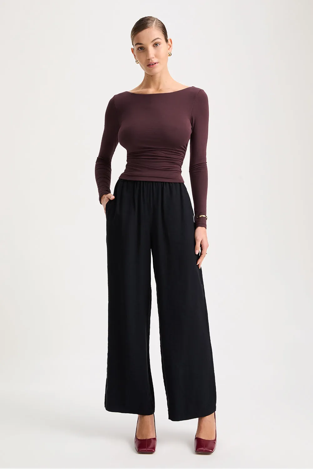365 Ruched Side Open Back Long Sleeve Top - Mulled Wine sold by TALA product image thumbnail 4