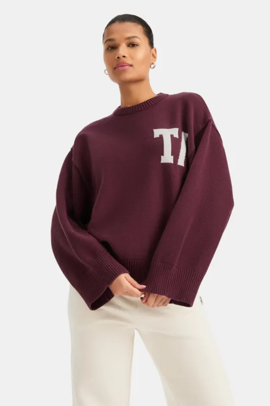 T Logo Knit Sweater - Burgundy And Buttermilk sold by TALA
