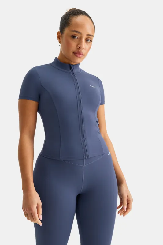 SkinLuxe Zip Through Short Sleeve Running Top - Vintage Blue sold by TALA