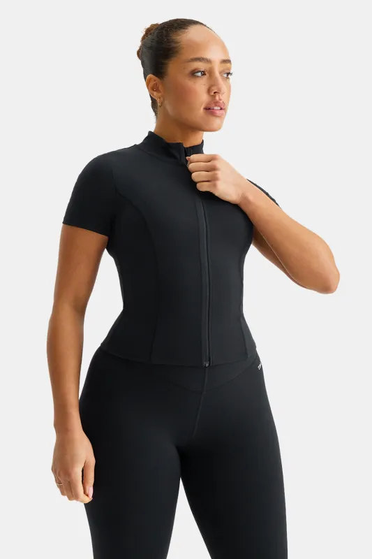 SkinLuxe Zip Through Short Sleeve Running Top - Shadow Black sold by TALA