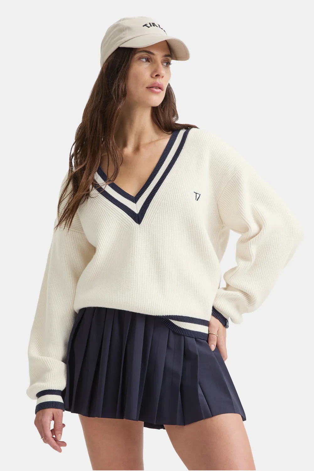 V Neck Knitted Cricket Jumper - Ivory & Midnight Navy sold by TALA product image thumbnail 2