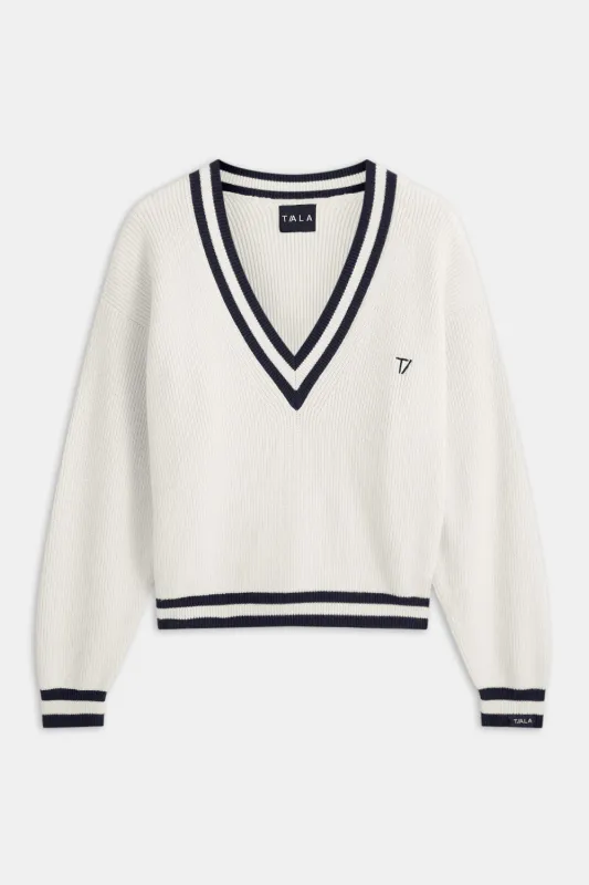 V Neck Knitted Cricket Jumper - Ivory & Midnight Navy sold by TALA