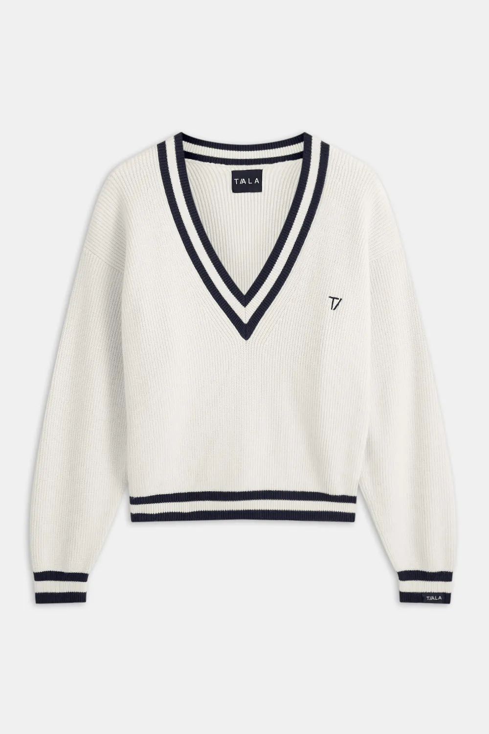 V Neck Knitted Cricket Jumper - Ivory & Midnight Navy sold by TALA