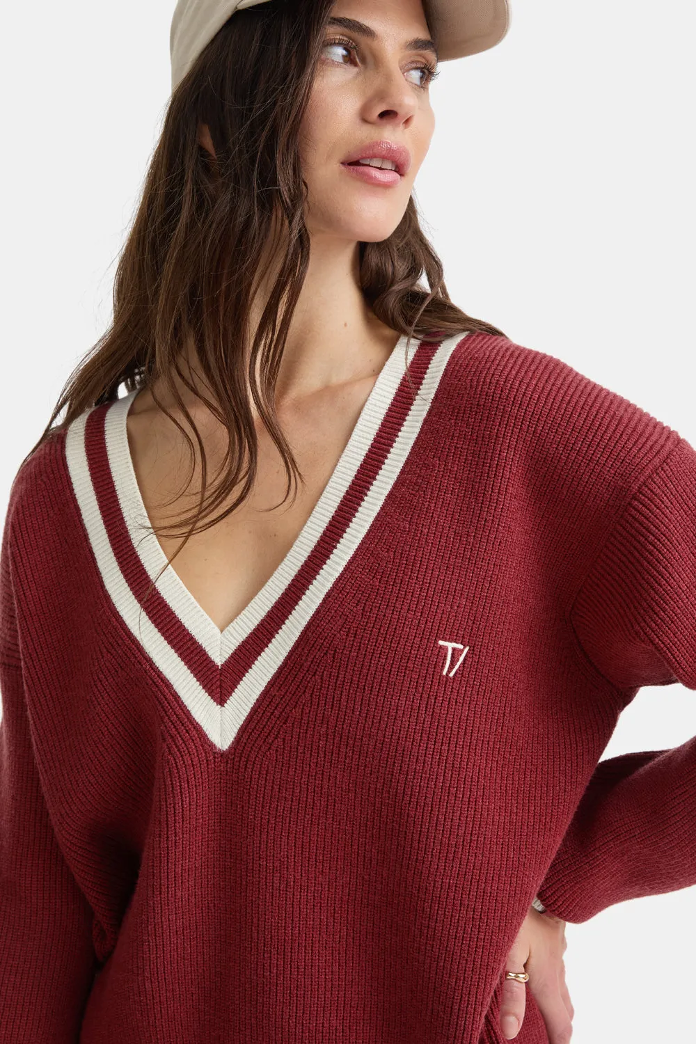 V Neck Knitted Cricket Jumper - Vintage Red & Ivory sold by TALA product image thumbnail 3