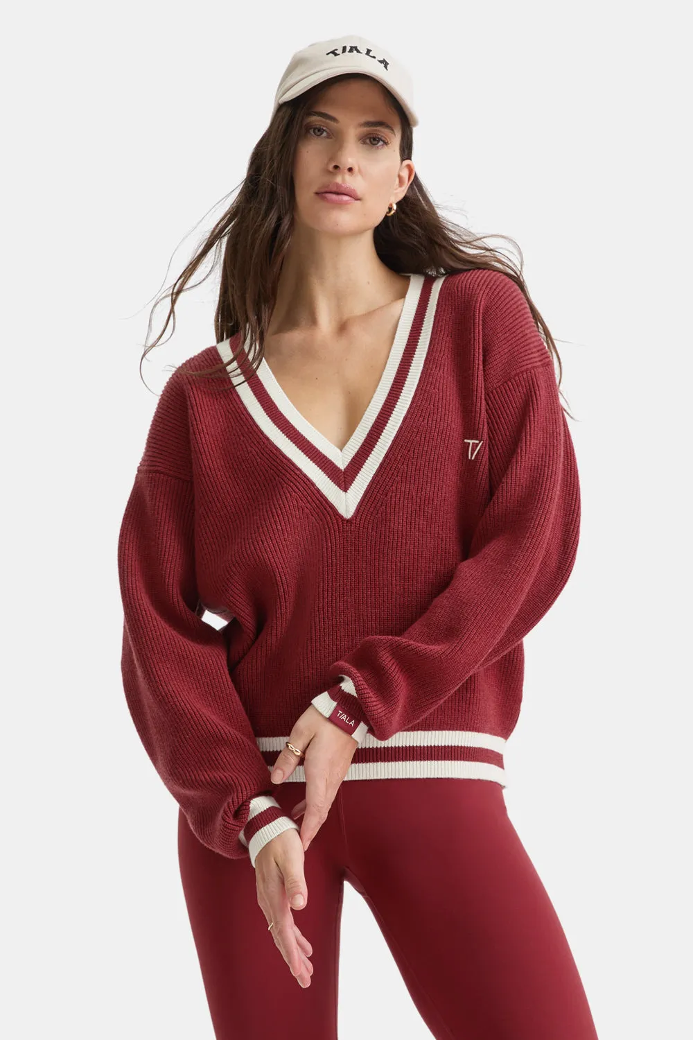 V Neck Knitted Cricket Jumper - Vintage Red & Ivory sold by TALA product image thumbnail 2