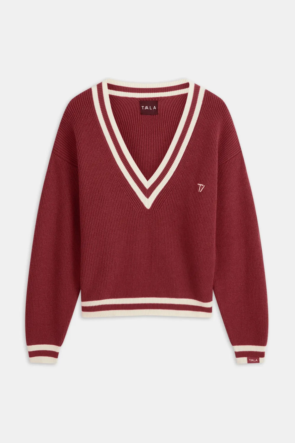 V Neck Knitted Cricket Jumper - Vintage Red & Ivory sold by TALA